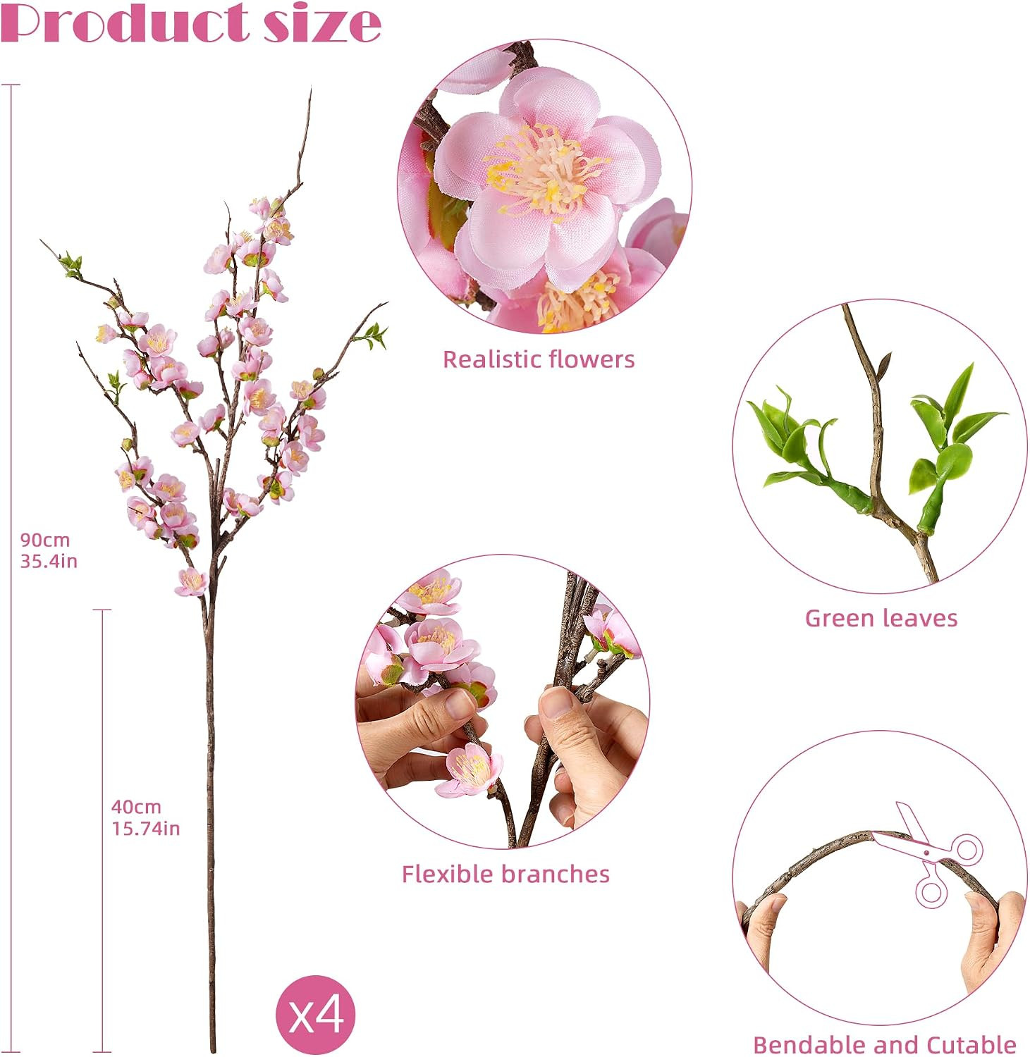 Pink Cherry Blossom Artificial Flowers – 4PCS 35.4” Long Stem Decor