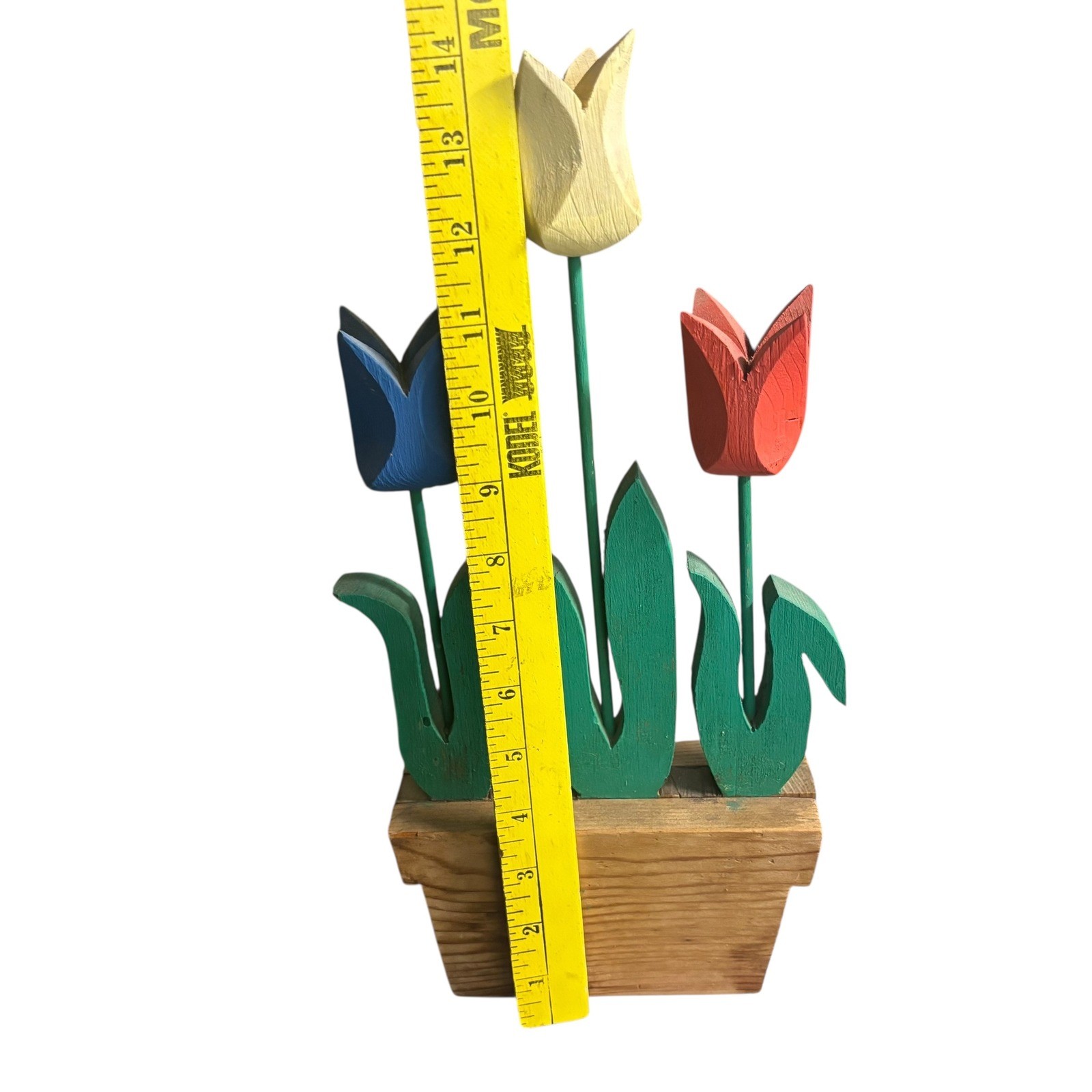 Wooden Potted Tulip Flowers Red Blue Yellow Garden Decor Tabletop Accent