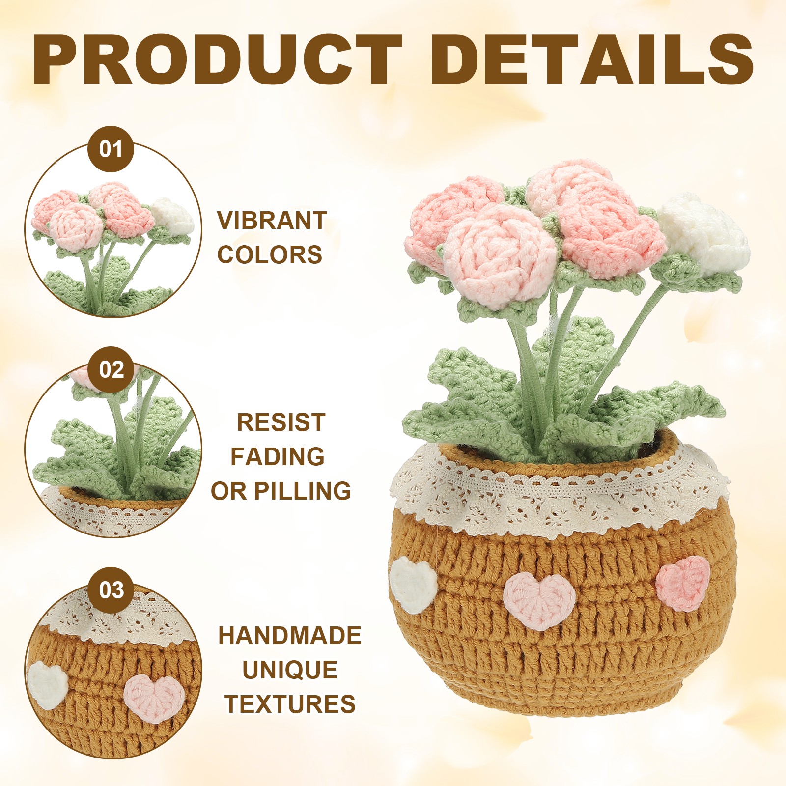Crochet Flowers Rose Artificial Flowers Little Potted 6 Flowers Gradient Pink