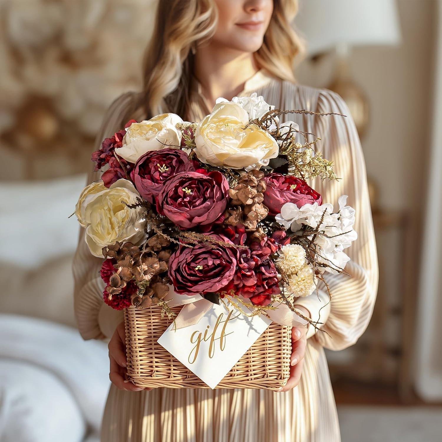 2 Packs Silk Peonies Bouquets – 23 Stems Ivory & Burgundy for Home Decor