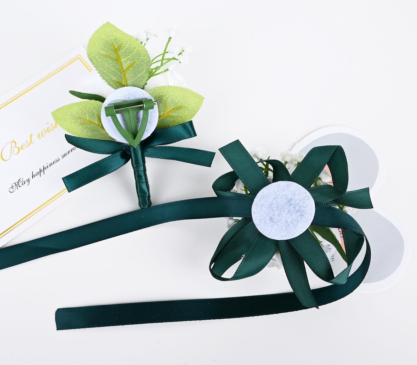 2 PCS White+Dark Green Artificial Wrist Corsage Boutonniere Set Prom