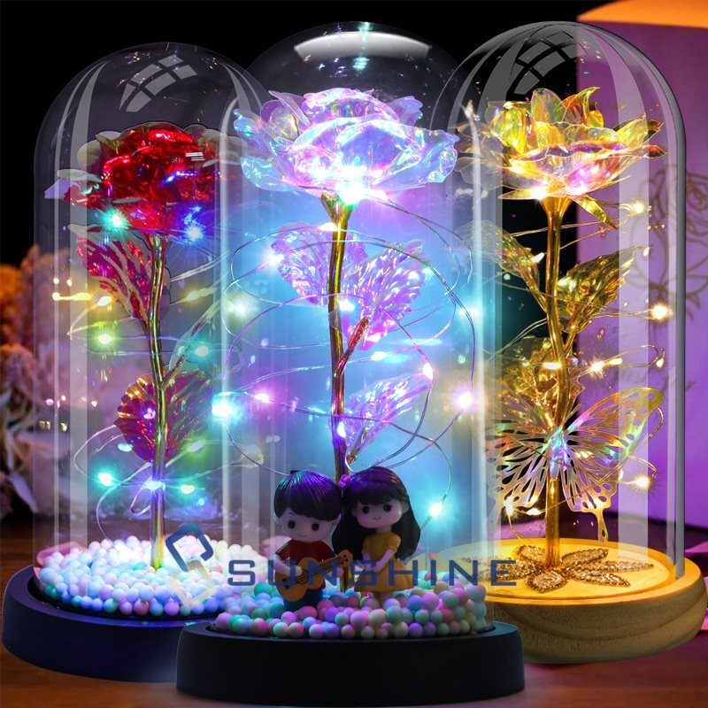 Romantic Eternal Rose Flower In Dome Glass LED Night Light Anniversaries Xmas
