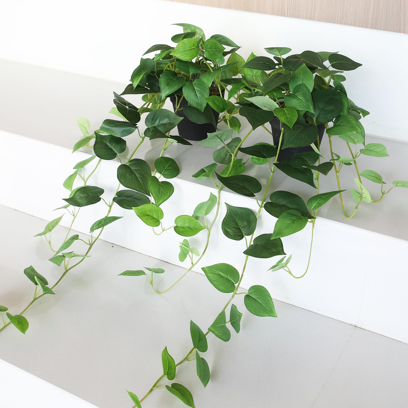Fake Pothos Hanging Plants – 33″ Set of 2 Faux Ivy Vines with Pots, Realistic…