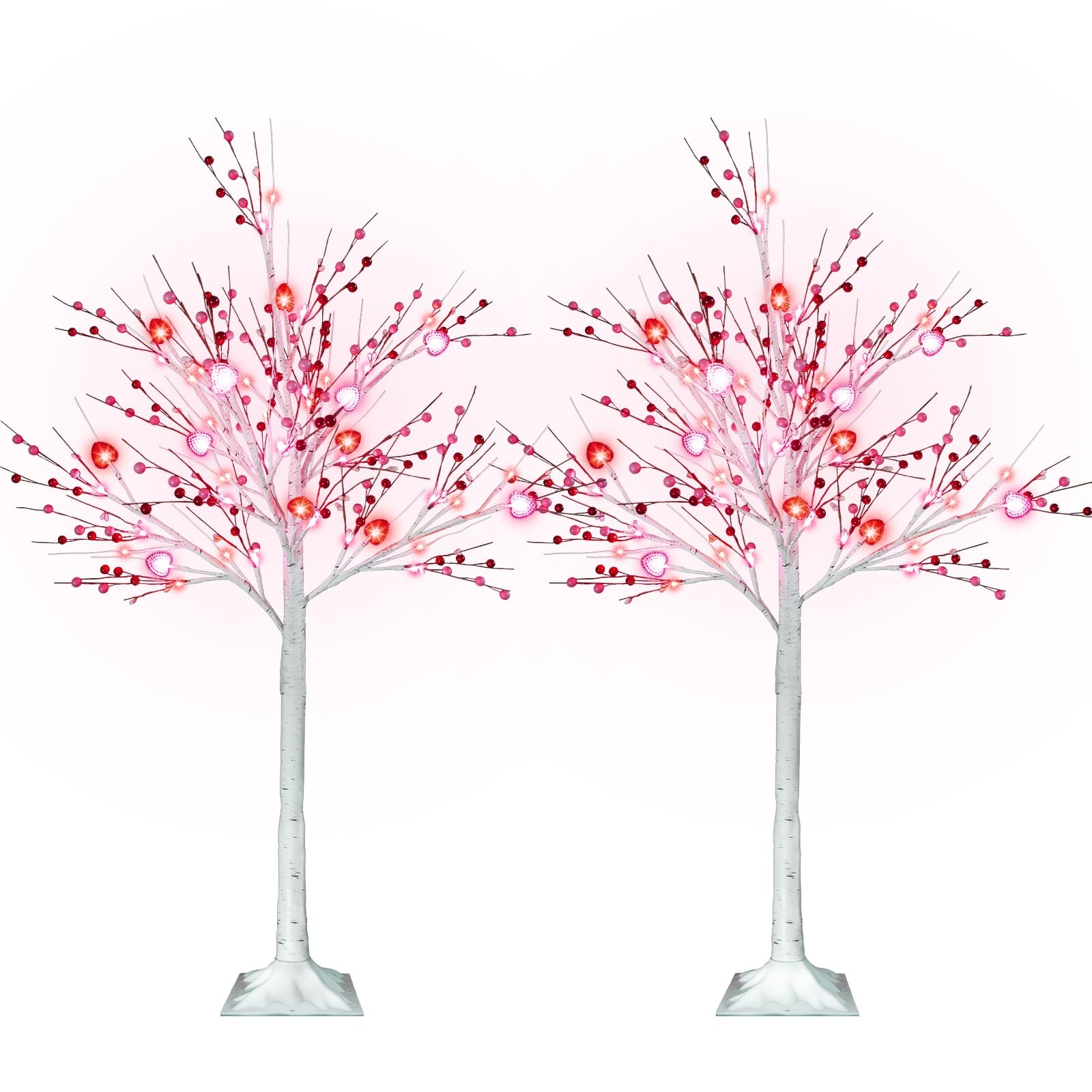 2 PCS 4 FT Lighted Birch Tree 48 LED Heart Berry Ornaments Red Pink Lights