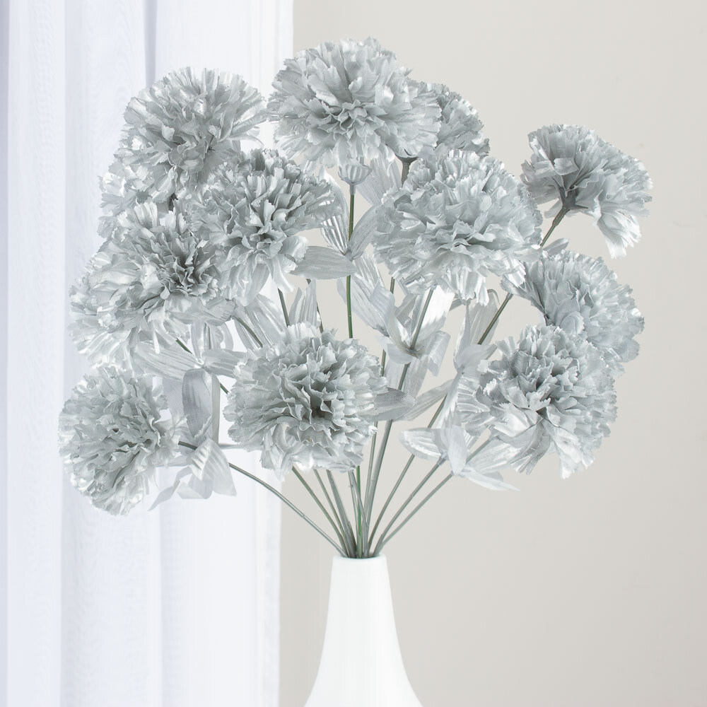 16″ Metallic Silver Artificial Carnation Floral Bush