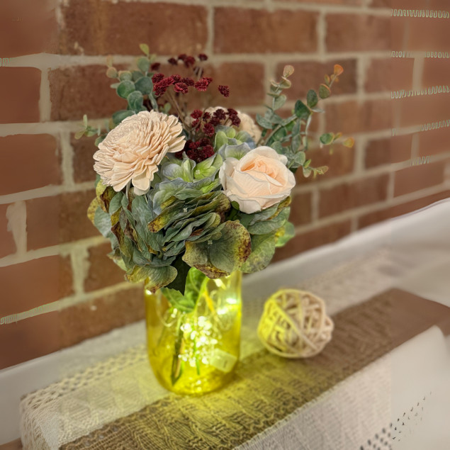 Sola Wood Floral Farmhouse Arrangement Yellow Mason Jar LED Lights Home Decor