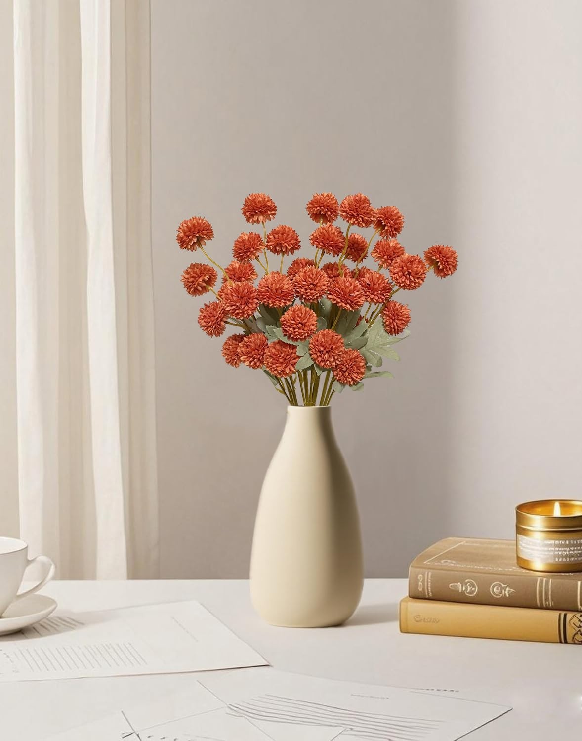 Artificial Flowers Faux Mums 6pcs, Long Stem Faux Flowers for Vase, Artificia…