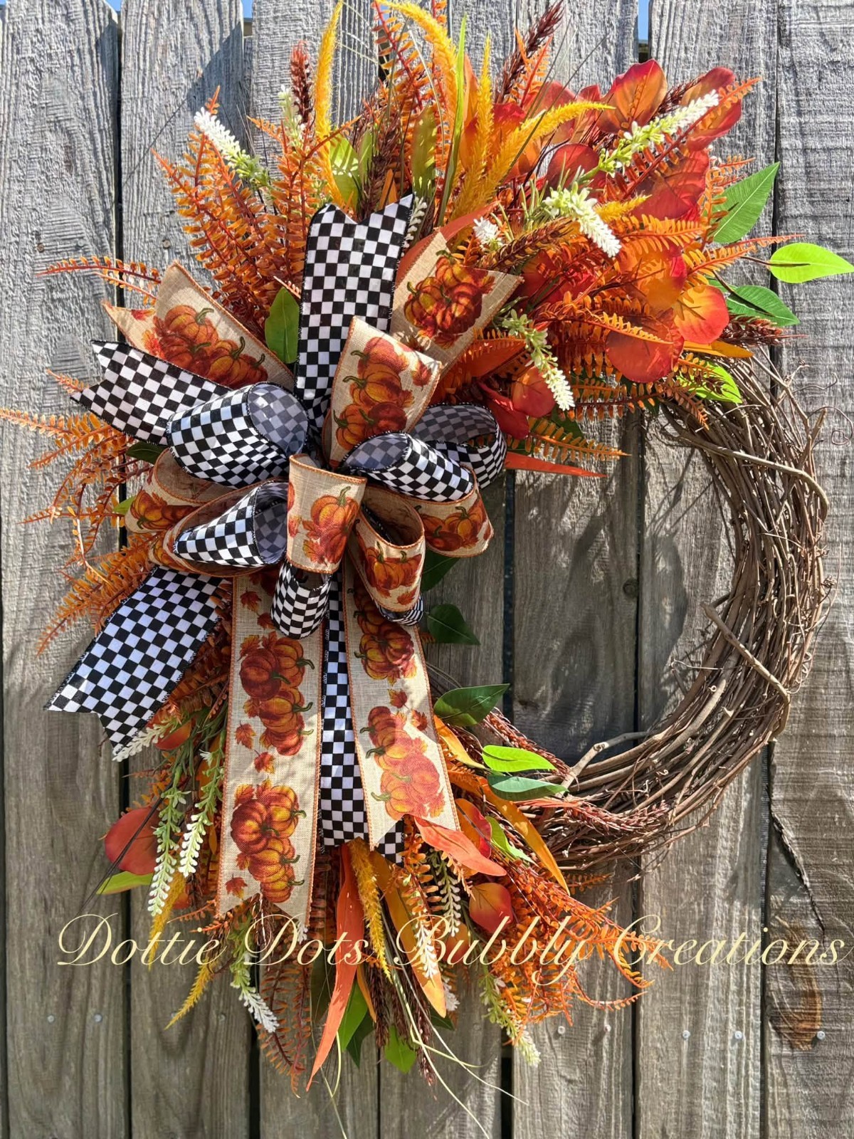 Handmade Fall Black & White Checkered Pumpkin Fern Wreath, Autum Decor, Seasonal