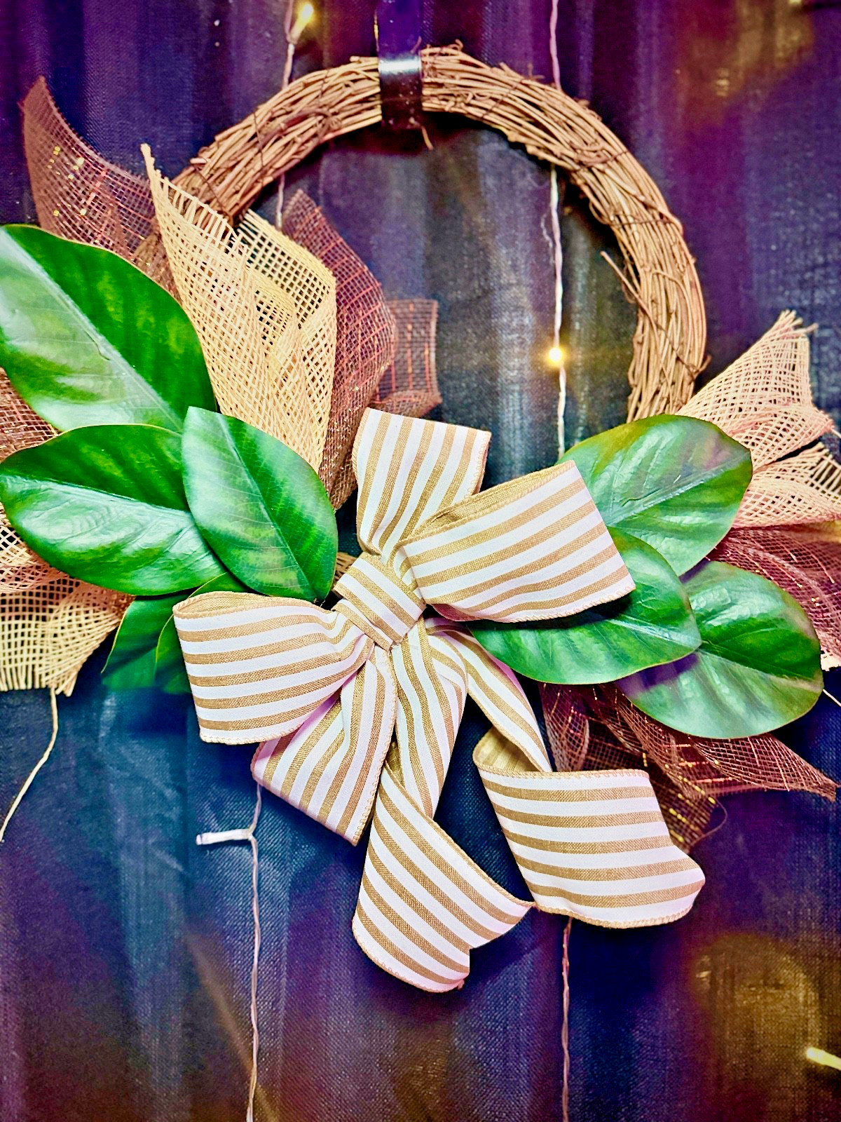 Rustic Grapevine Wreath – Farmhouse Home Decor – Modern Burlap Bow Door Hanger