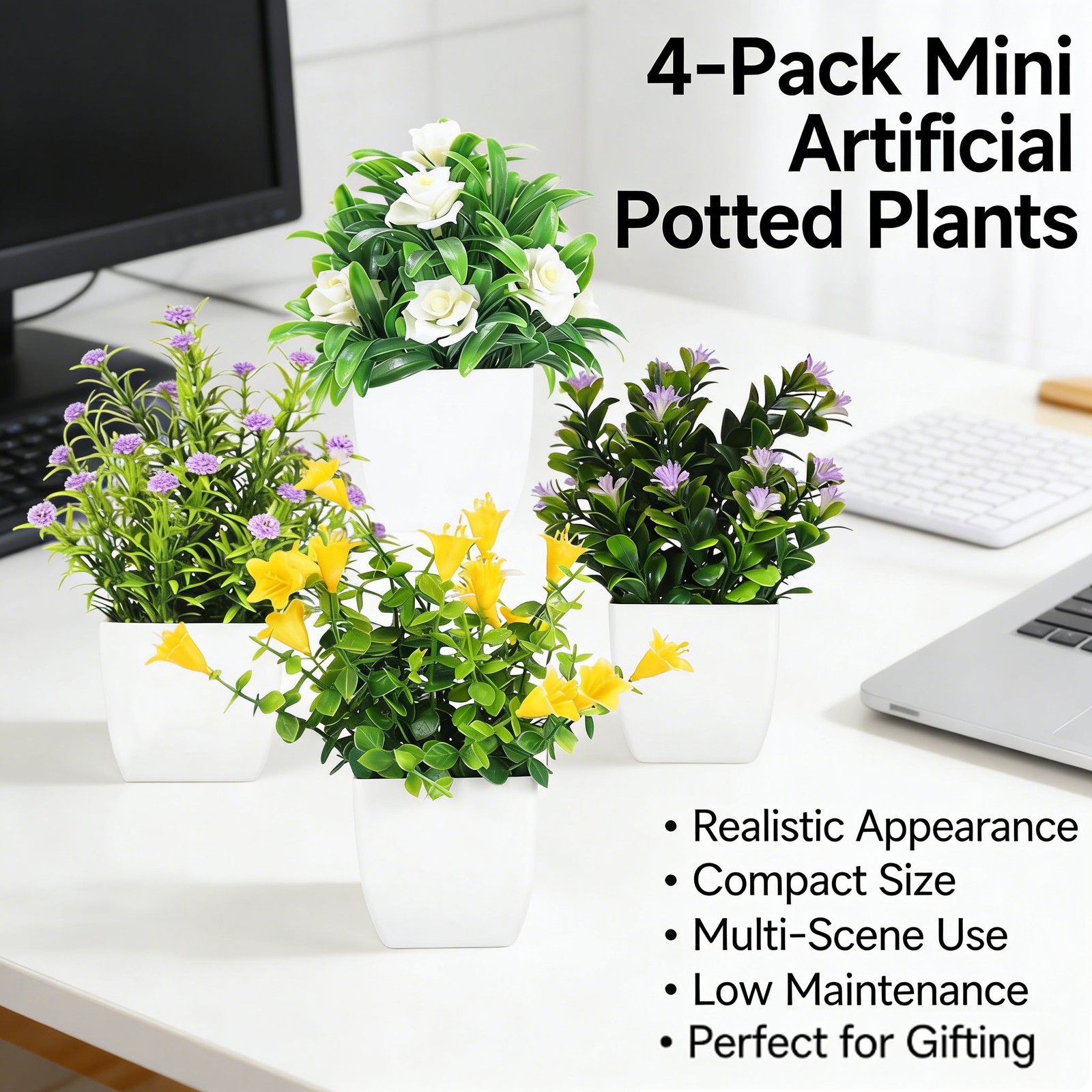 4 Pack Fake Plants Small Artificial Potted Faux Plants with Flowers Office Decor