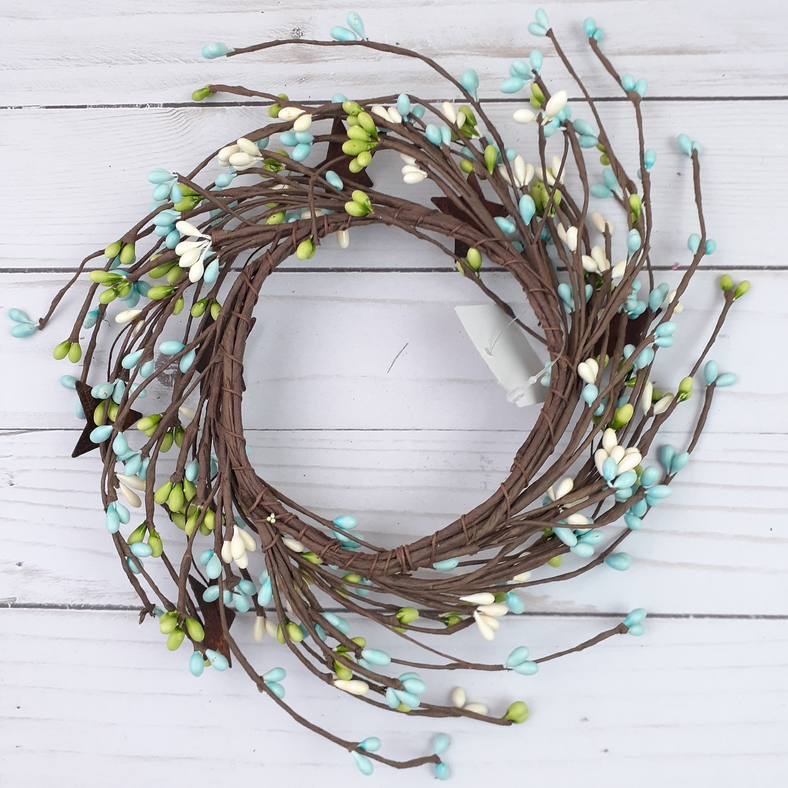 Pip Berry Candle Ring Rusty Tin Stars Seabreeze Blue Green Ivory 4″ inside