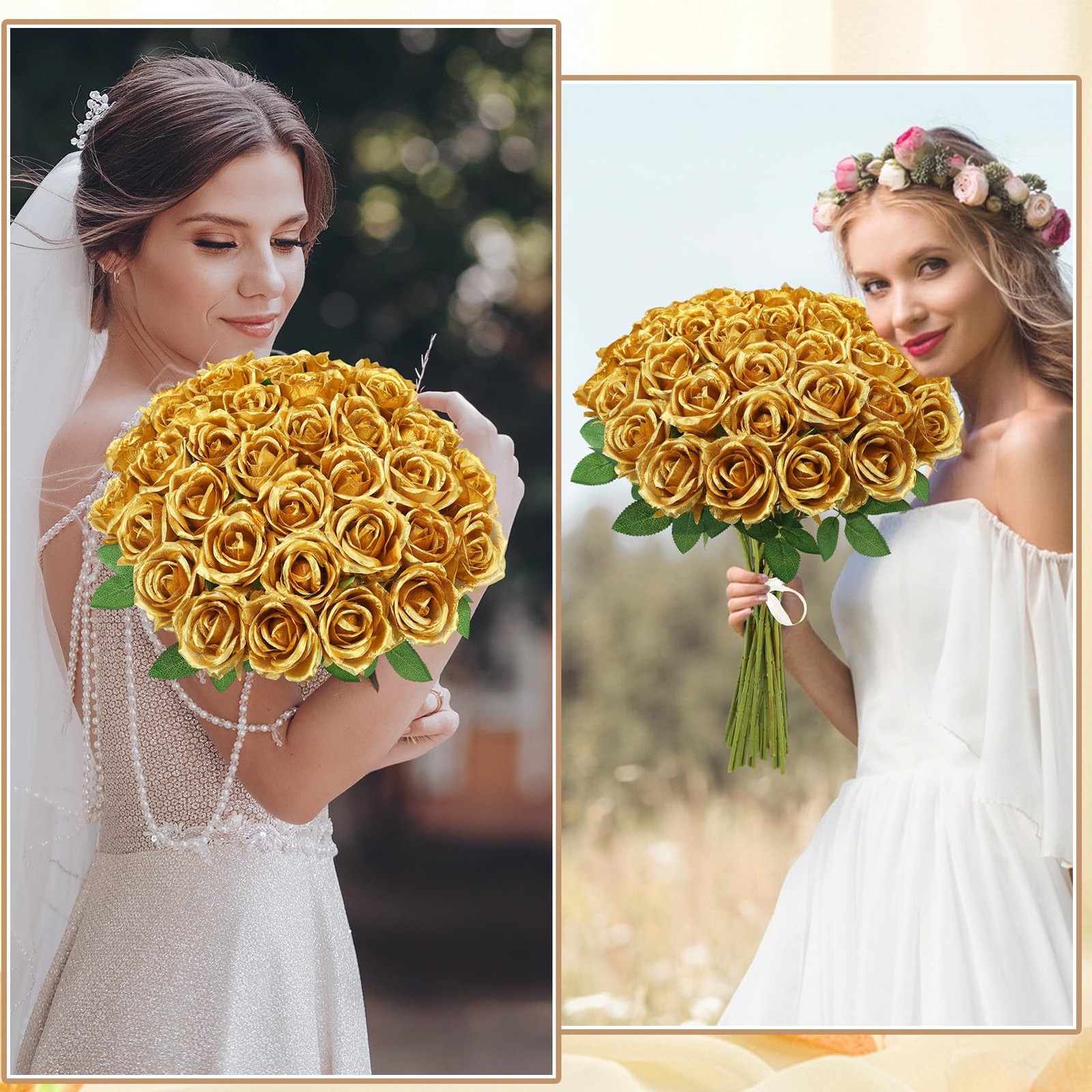 Hoemwarm 36 Pcs Gold Artificial Roses with Long Stems, Fake Silk Rose Artific…