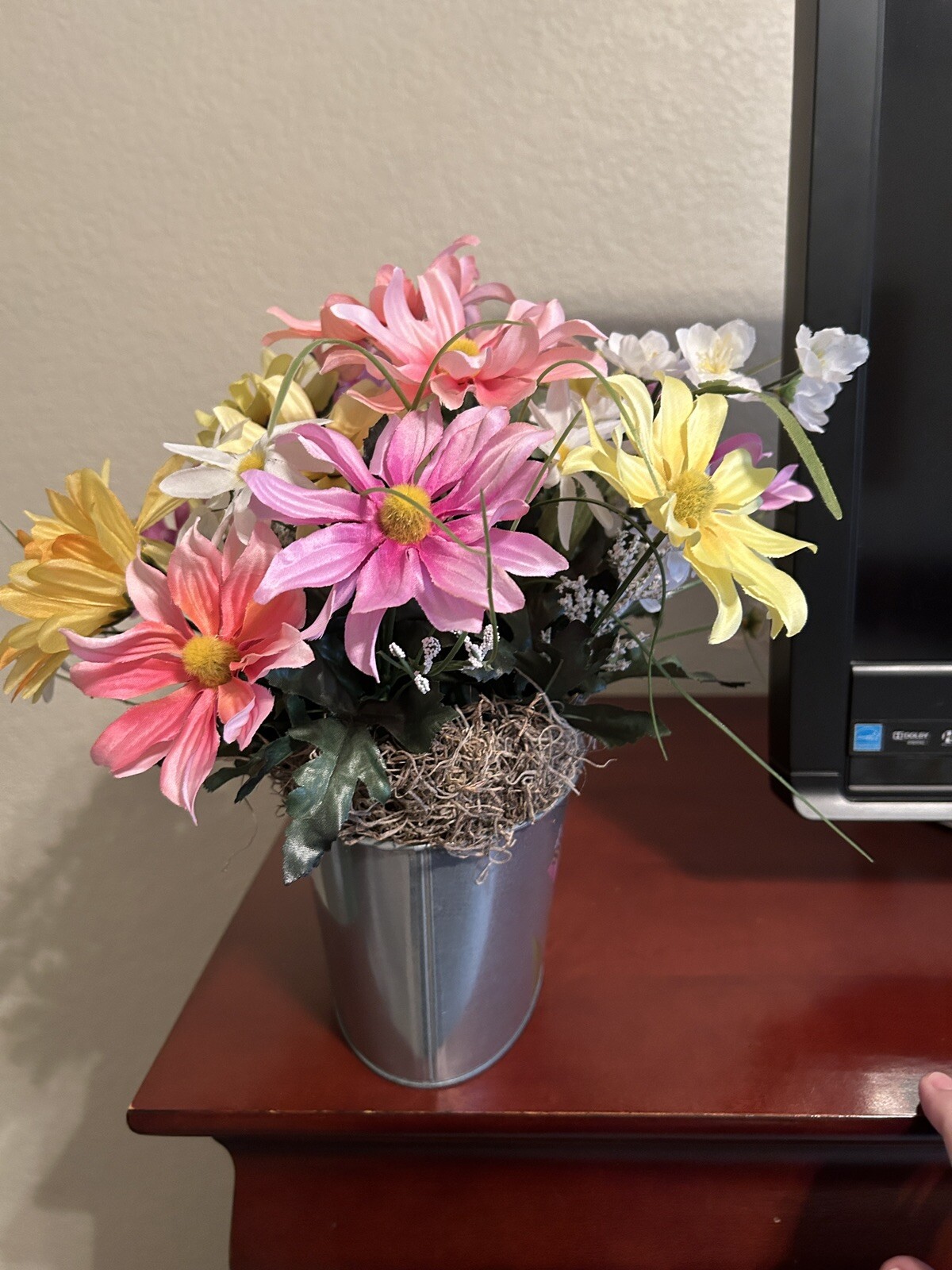 Spring Flower Arrangement in a Silver Metal Canister with Flower and Bee Motif