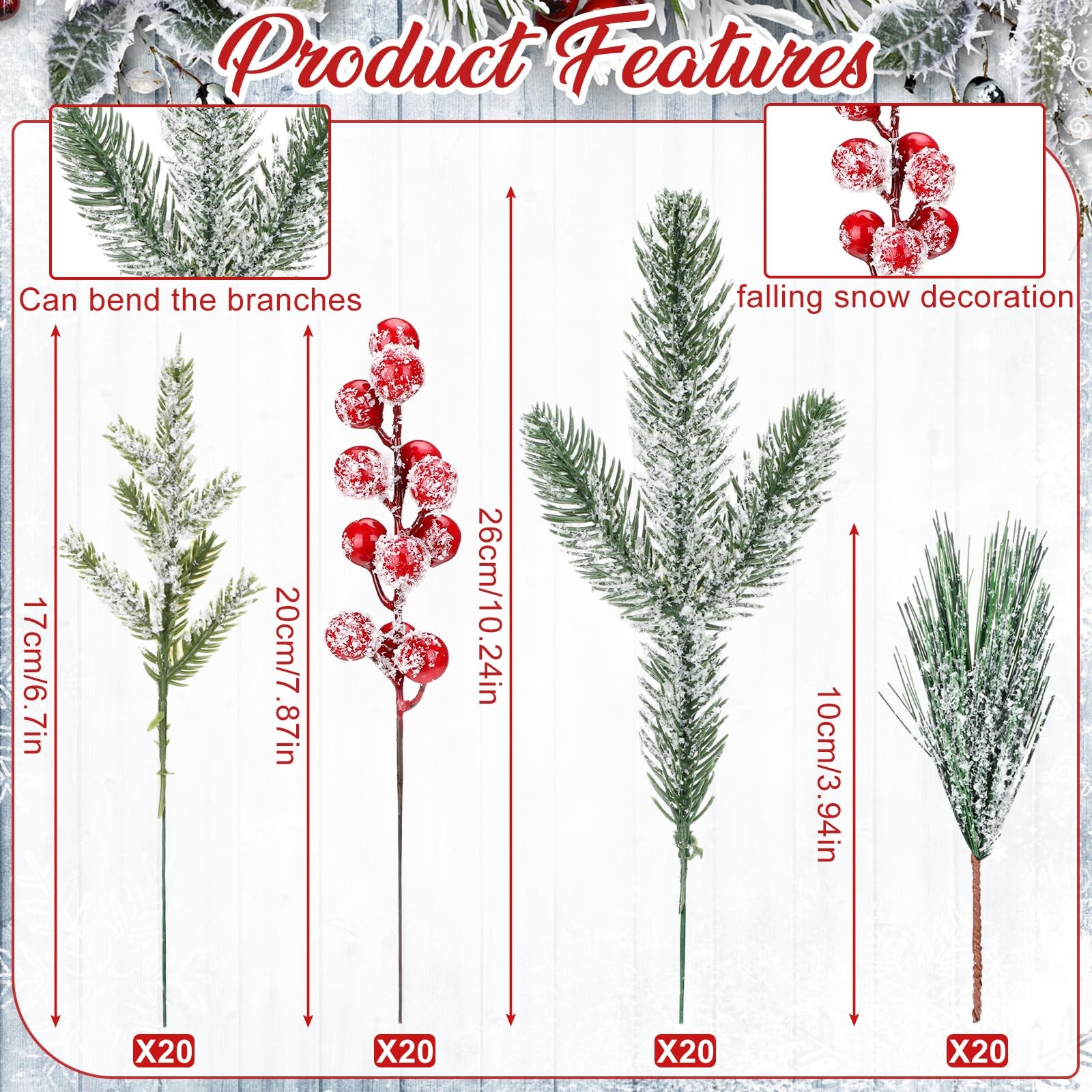 80 Pieces Christmas Snowy Pine Tree Picks Artificial Stems Sprays Faux Cedar …