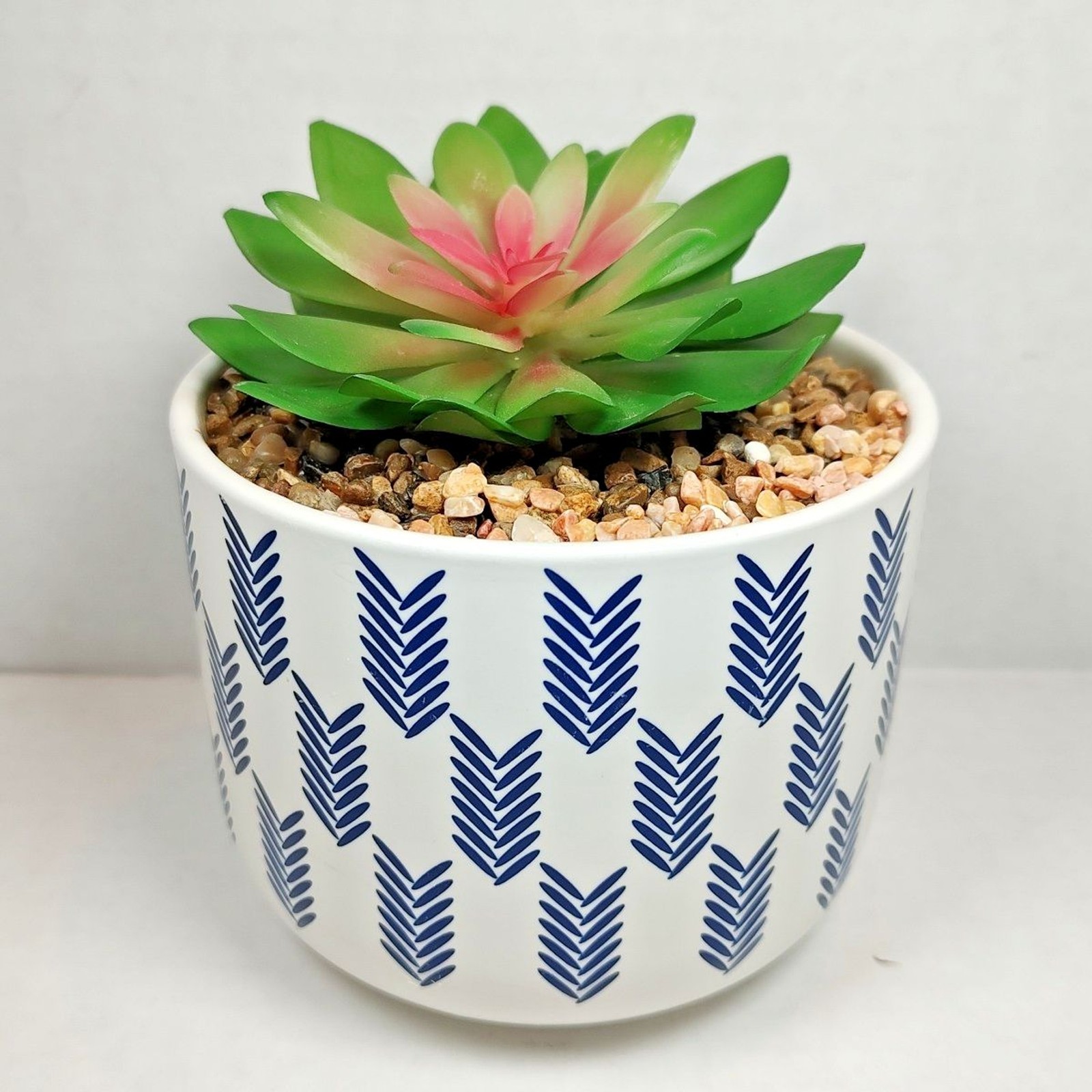 Modern Coastal Artificial Succulent Potted Houseplant Navy Blue White Chevron