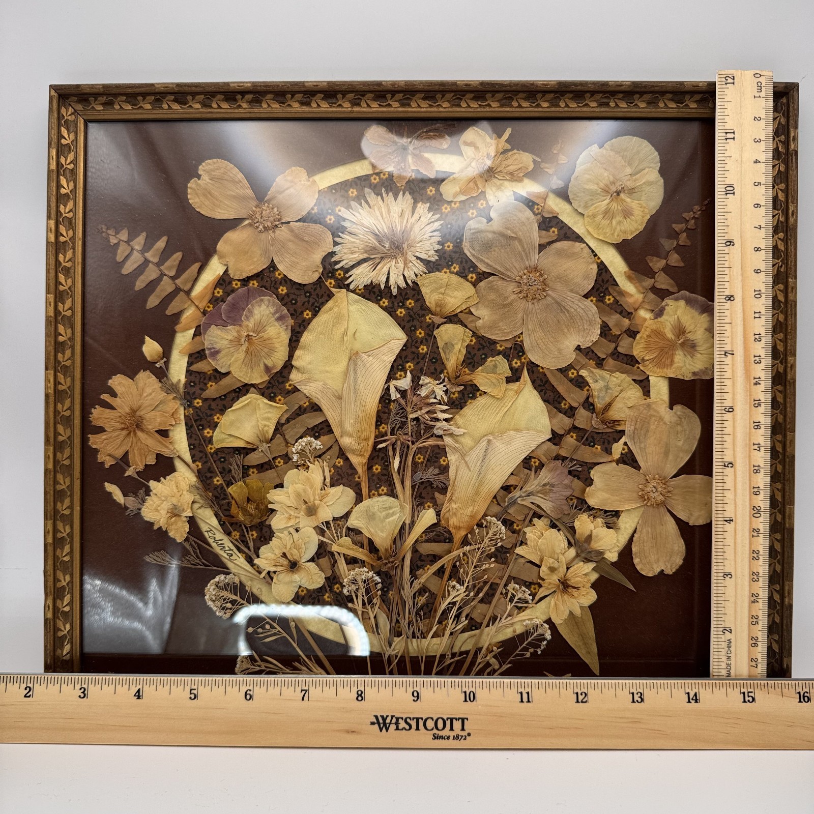 Vintage Pressed Dried Flower Art Wooded Botanical Frame Signed by Artist