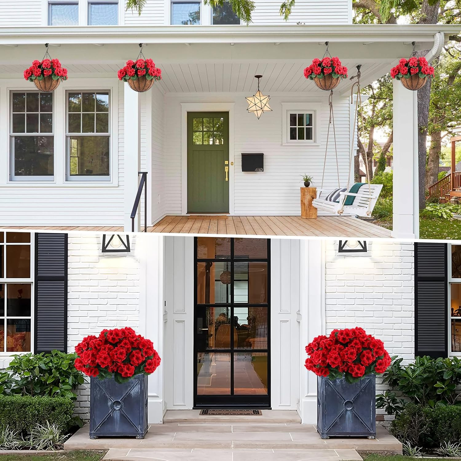 2 Set Artificial Red Geraniums Flowers for Outdoors with Hanging Baskets, 2 Hang