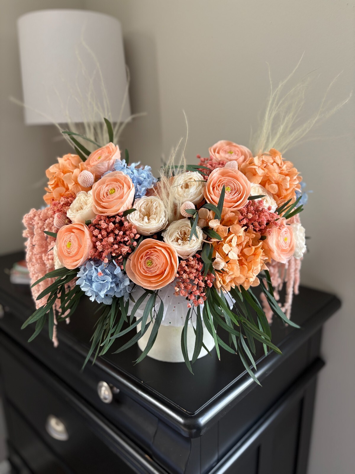 Preserved Flower Arrangement, Peach Blue Boho Centerpiece, Long Lasting Bouquet