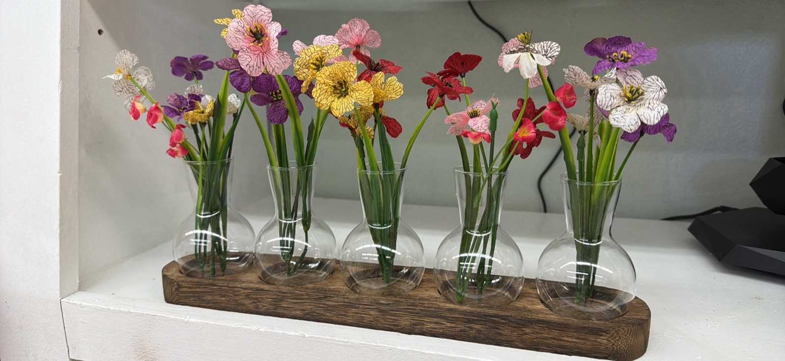 Artificial Multicolor Wildflower Centerpiece, 5 Glass Bud Vases Wood Base