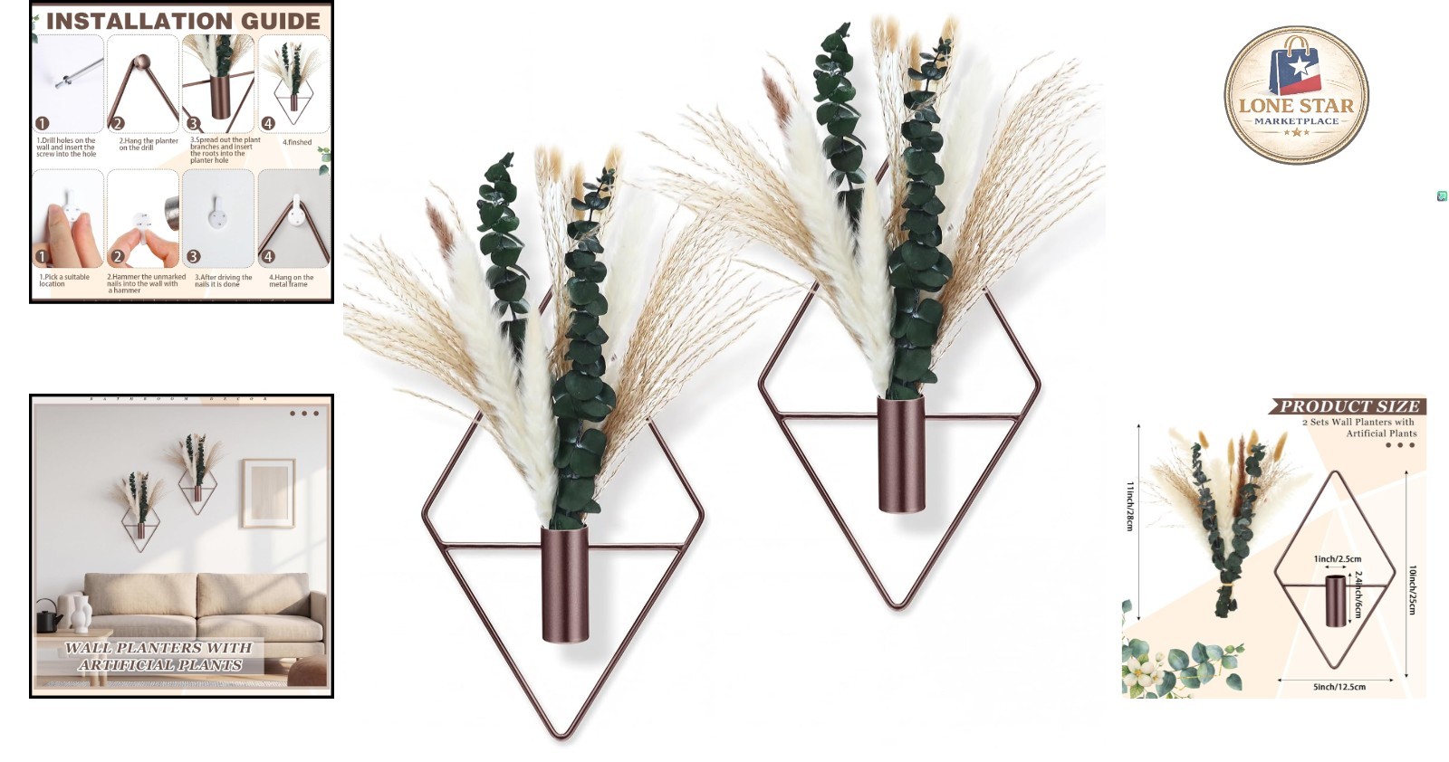 Elegant 4-Pc Metal Hanging Planters with Artificial Eucalyptus & Pampas Grass