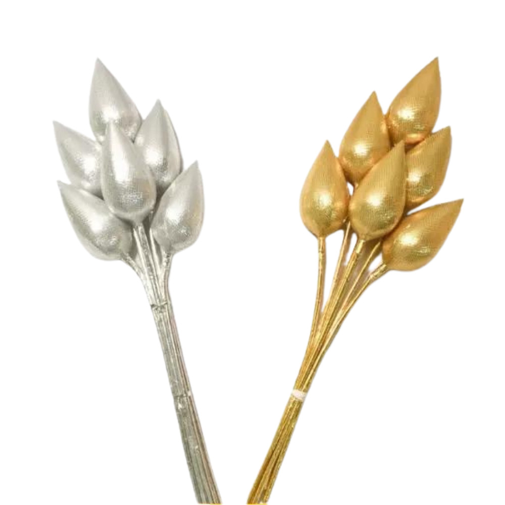 Pair Gold Silver Lotus Flower Thai Buddha Decor Plastic Artificial Floral Art