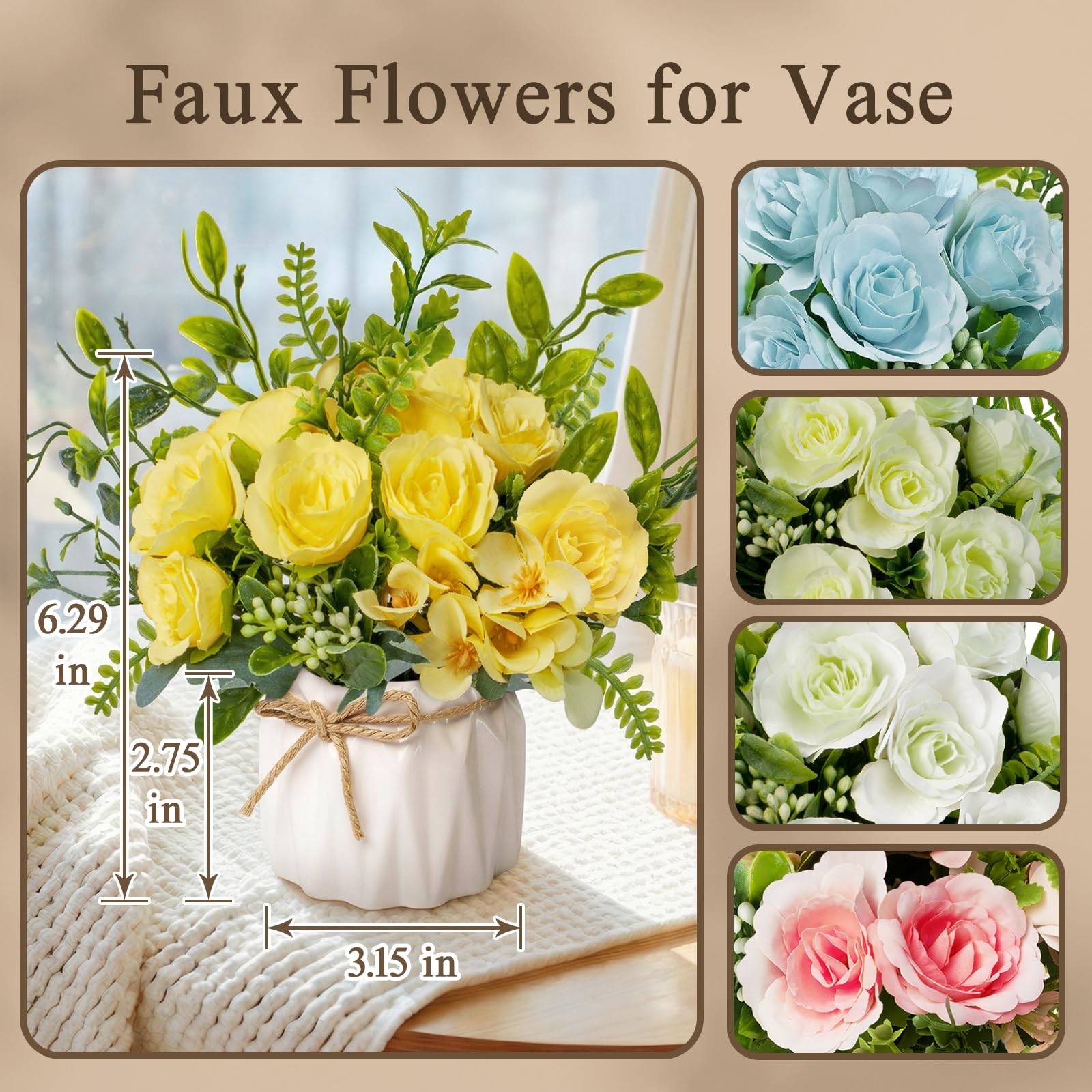Yellow Artificial Silk Roses with Ceramic Vase, No Maintenance Faux Flower Ar…
