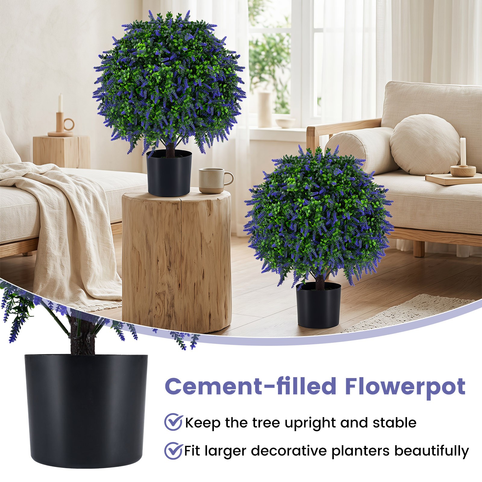 Set of 2 Artificial Lavender Topiary Ball Trees 22″ Faux Lavender Potted Plants
