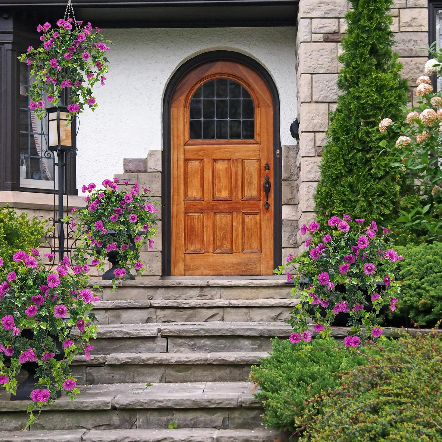 UV Resistant Faux Petunias – 2 Pcs Purple Outdoor Hanging Plants Decor