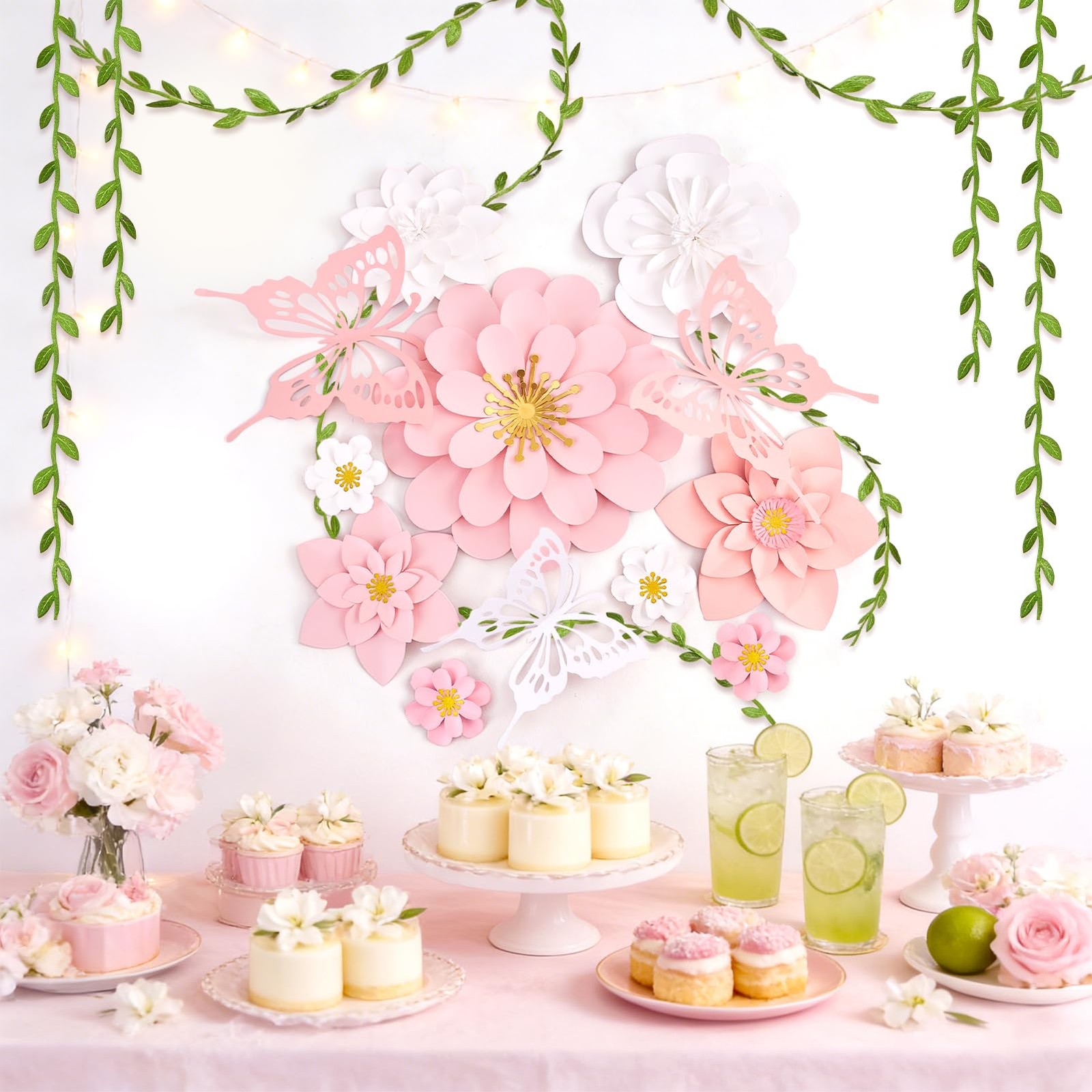 3D Paper Flowers Butterflies 9PC Pink White Garden Wall Decor Backdrop