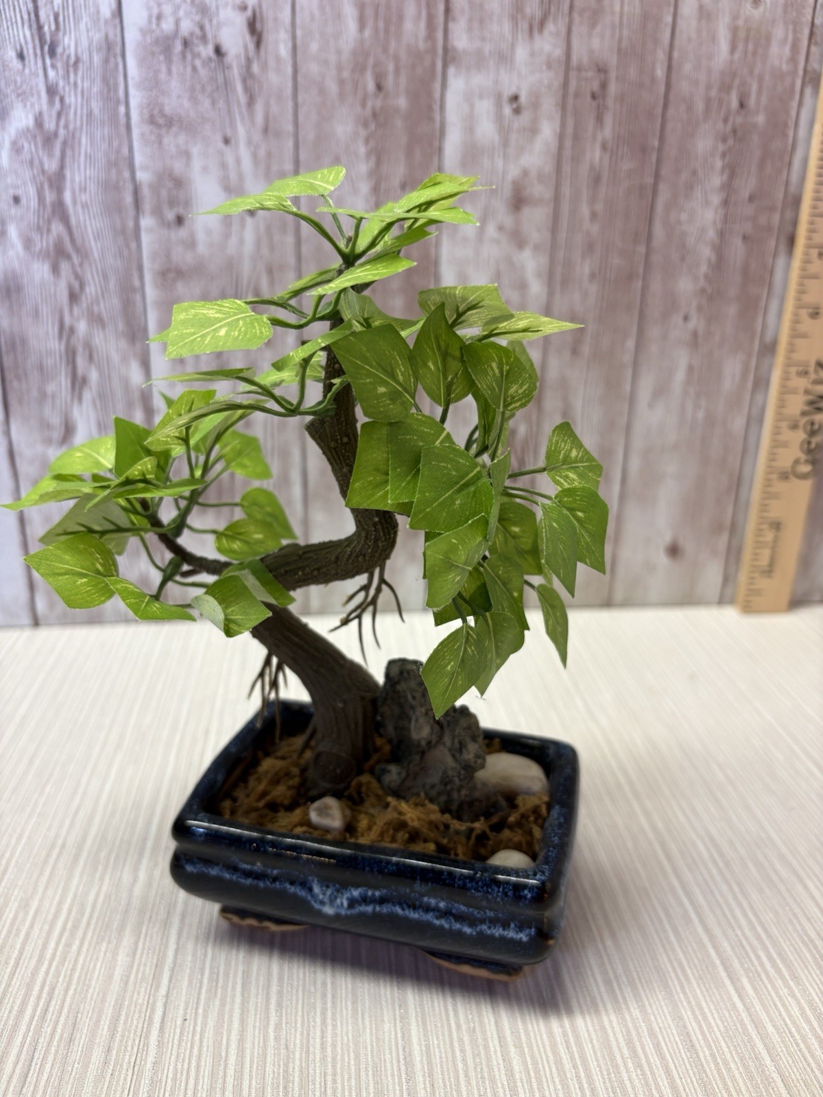 Artificial Bonsai Tree 8” Faux Plant In Vintage Blue 4×3 Pot FREE SHIPPING