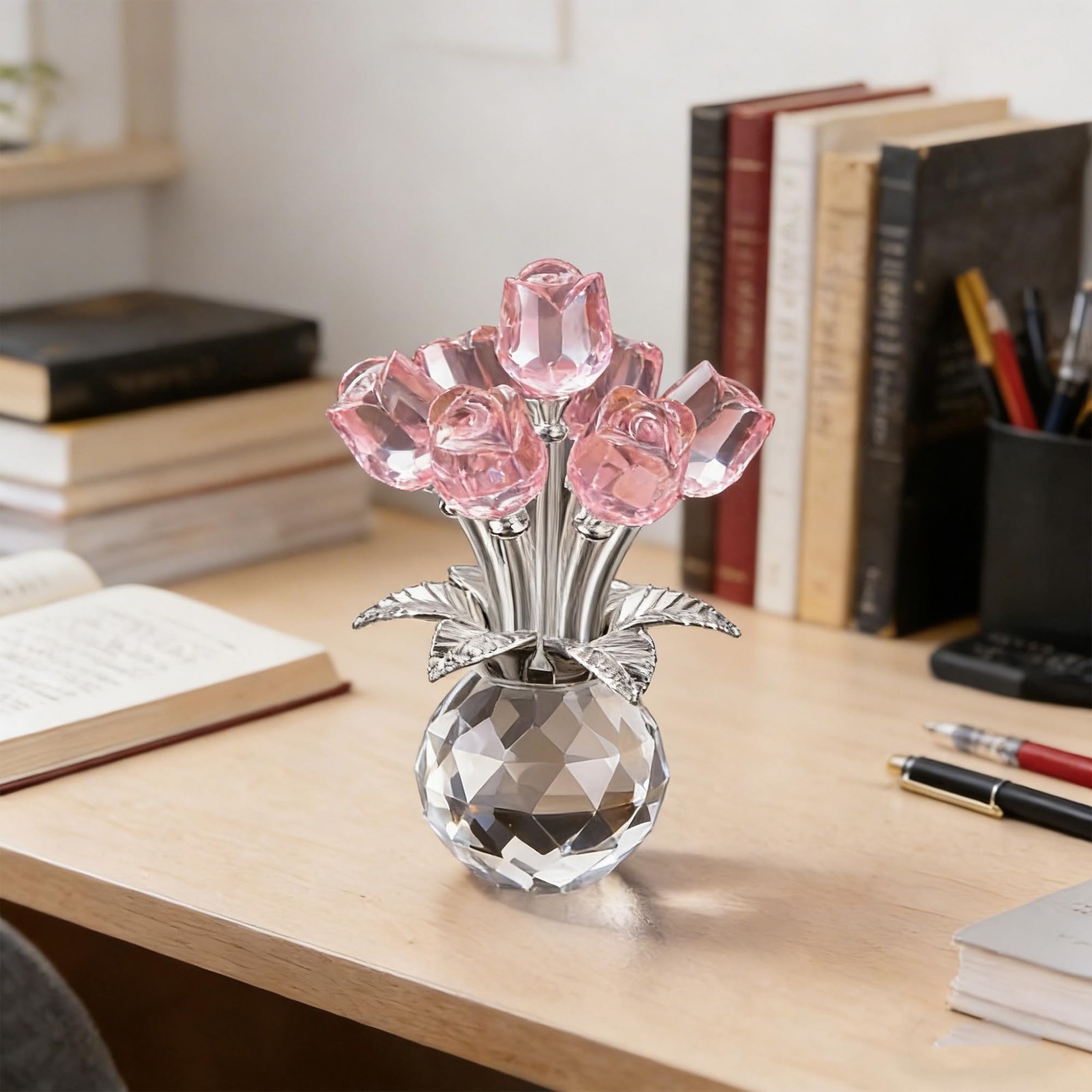 Crystal Silver Rod Pink Rose Creative Table Decoration Tabletop Home Faux