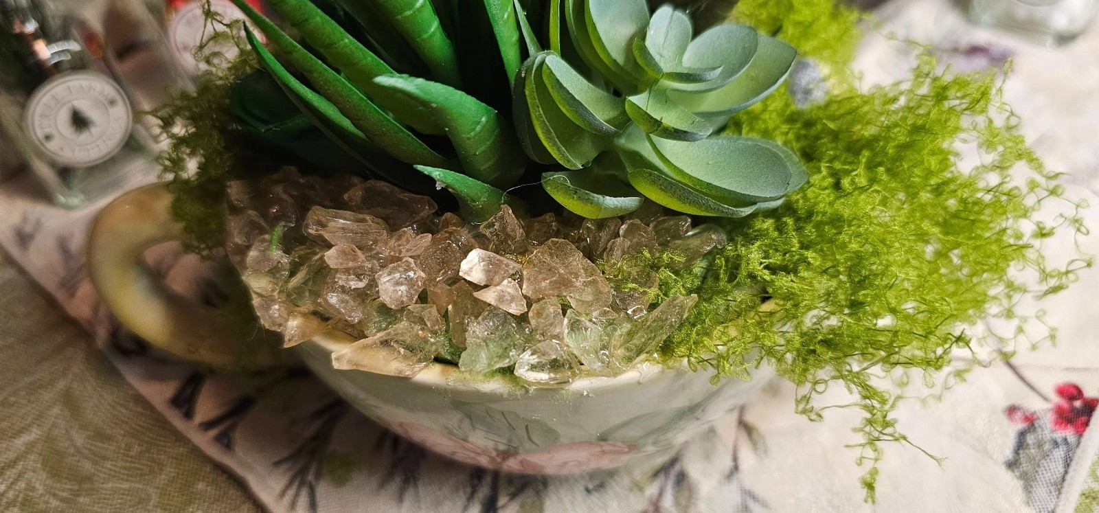 OOAK Upcycled DIY Succulent Tea Cup Fake Artificial Plant Decor Rose Quartz