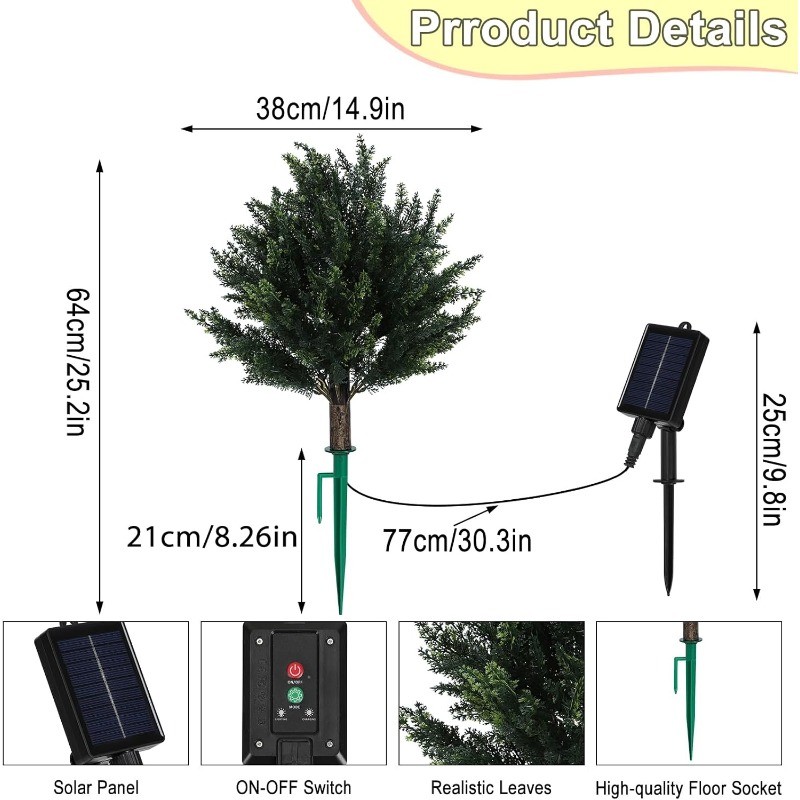 2PCS Artificial Cedar Trees with Solar Lights Outdoor, 25 Inch Faux Topiary Tree