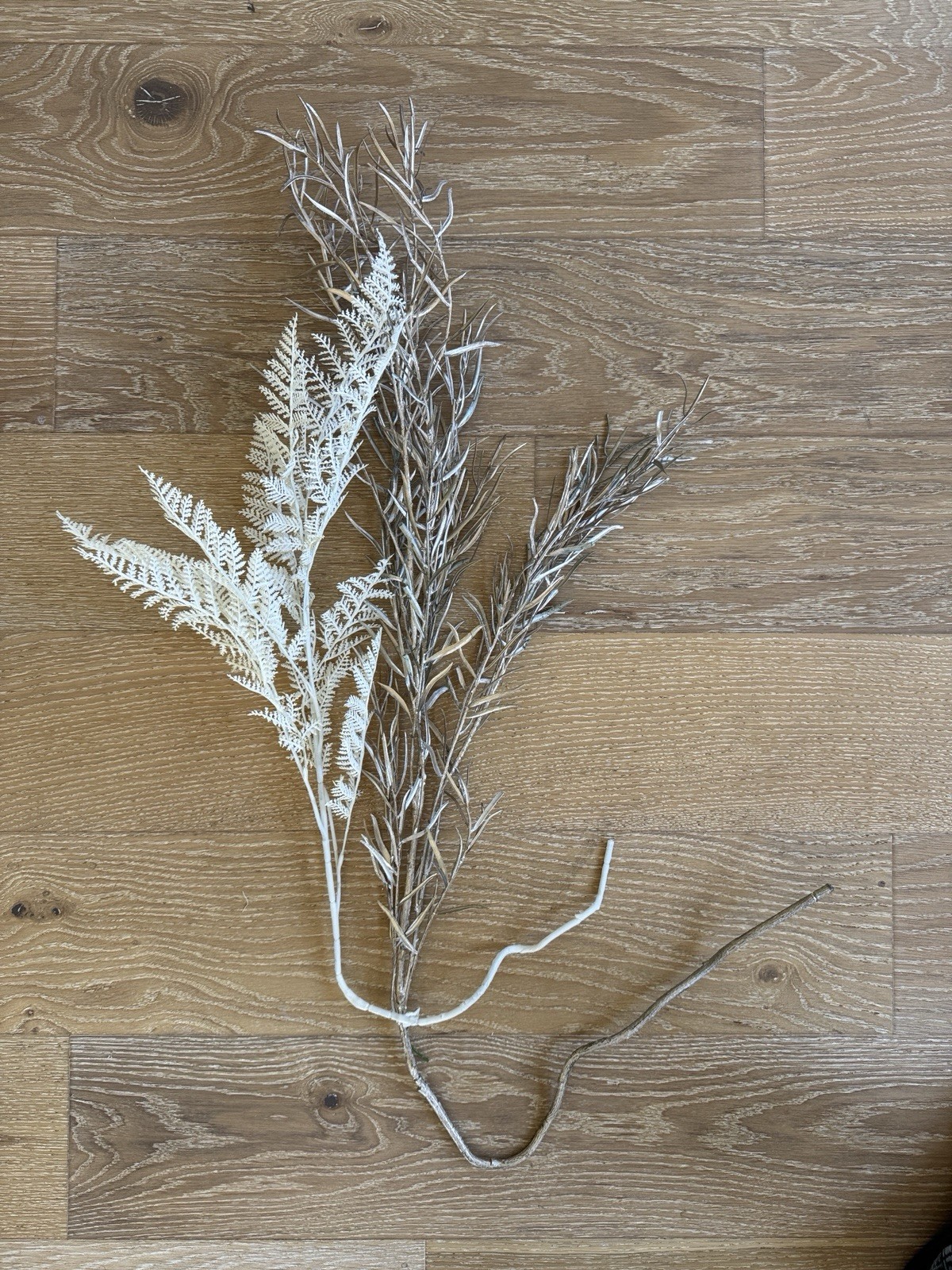 CB2 Modern 36” Faux White Fern & 51” Champagne Gold Willow Leaf Holiday Florals
