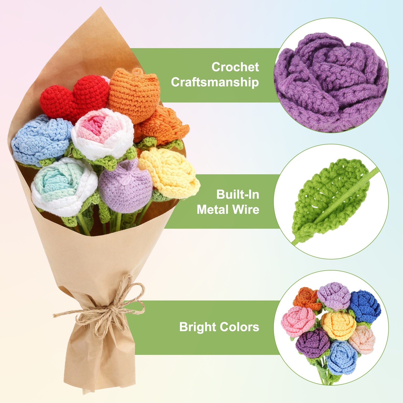 2Pcs Crochet Flower, Rose Handmade Knitted Bouquet, Dark Purple