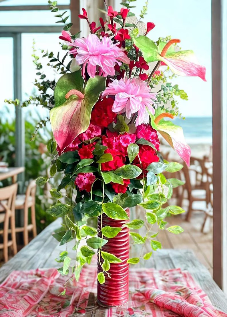 Tropical Red Pink Centerpiece Tall Oasis Living Dining Room Decor Bedroom Accent