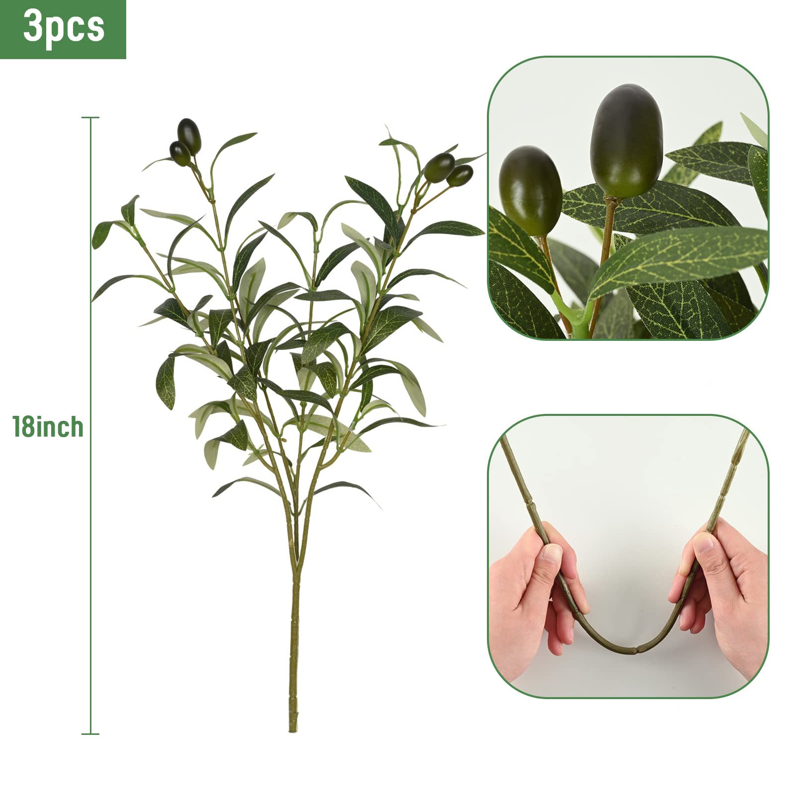 Faux Olive Stems 18 Inch, 3Pcs Lifelike Branches, Home Decor, Green