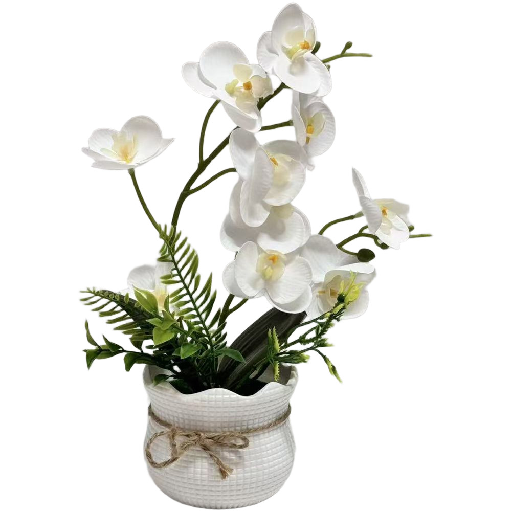 Plastic and Soft Rubber White Orchid Flower for Home Decor in Grid Pot