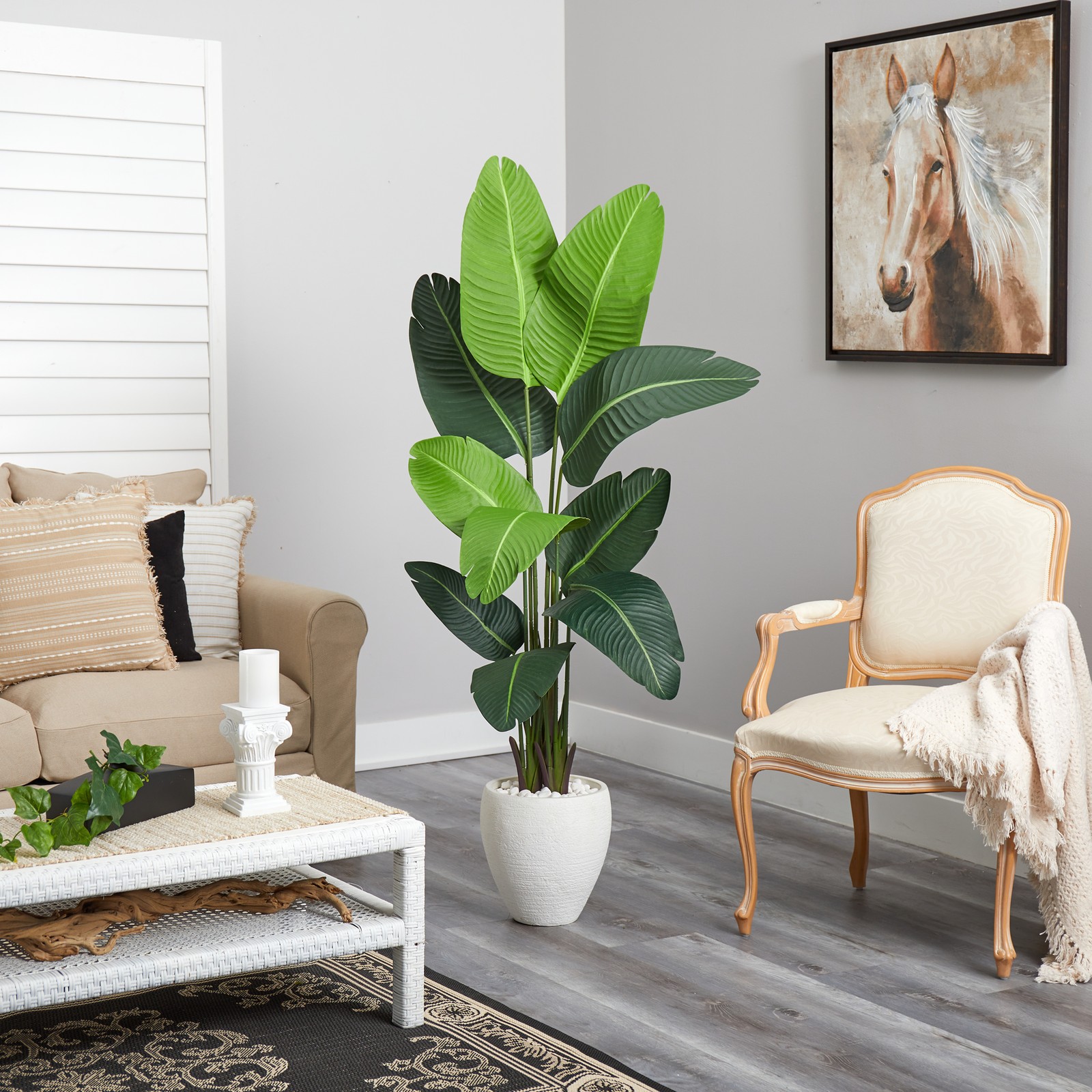 Nearly Natural 5.5ft Travelers Palm Artificial Tree in White Planter in Green