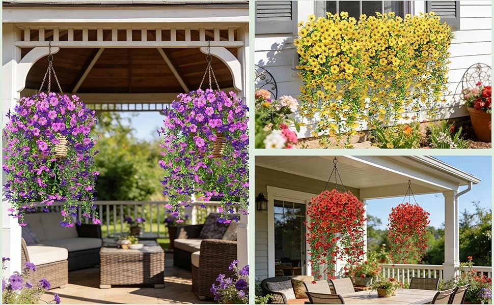 4 Pcs Artificial Hanging Flowers for Outdoors, Purple Mixed | Fake silk daisy