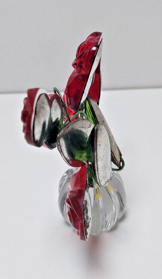 Vintage Acrylic Plastic Red Roses Flower Green Leaves Clear pot 4×4” Wire Stems