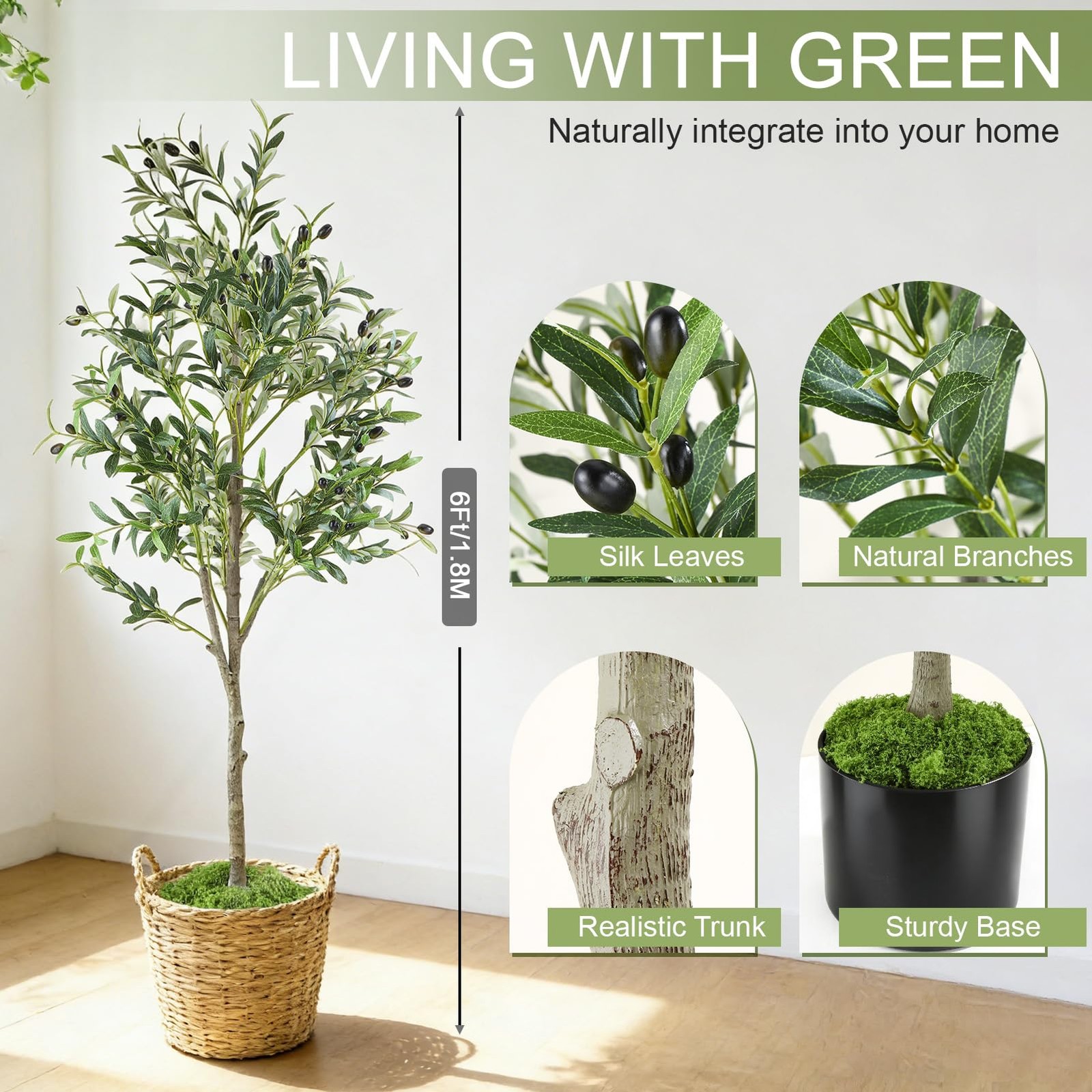 Artificial Olive Trees, 6FT Tall Faux Olive Tree with Lights Moss and Planter…