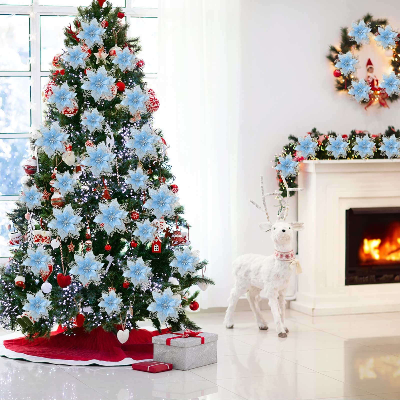 24 Pieces Happy New Year Glitter Poinsettia Flowers Blue Tree Ornament Decor