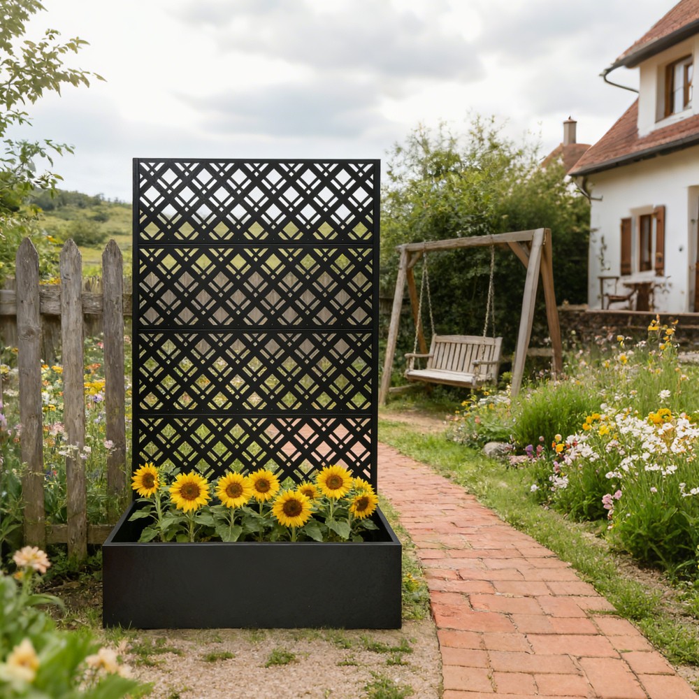Metal Raised Garden Bed With Trellis, Black Planter Box For Backyard Patio