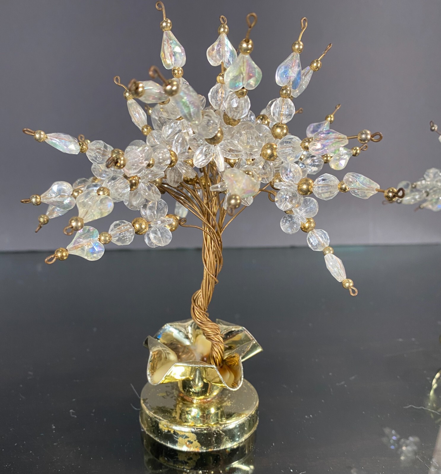 Vintage Twisted Wire Acrylic Beads Hearts Bonsai Money Luck Trees in Brass Pots