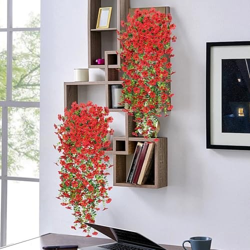 Fake Artificial Hanging Flowers for Outdoors Decoration, 2 PCS Faux UV Red