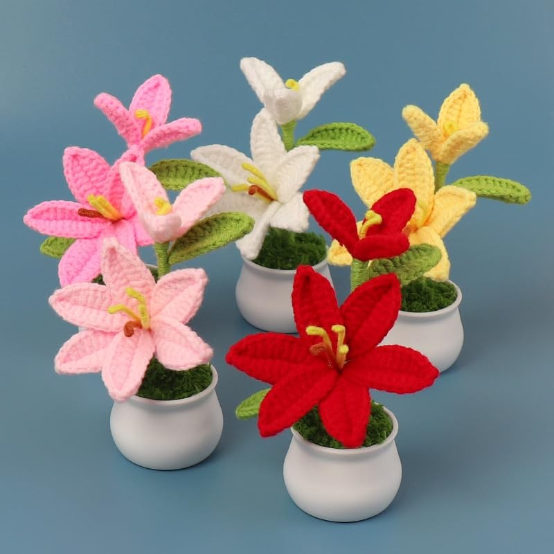 Handmade Potted Crochet Lily Flower, Artificial Lily Flower Pot with Realisti…