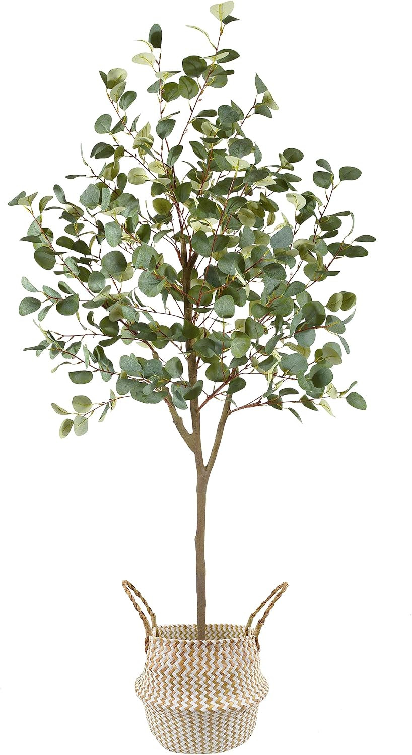 6Ft Artificial Eucalyptus Tree with Basket – Faux Green Silk Leaves Decor