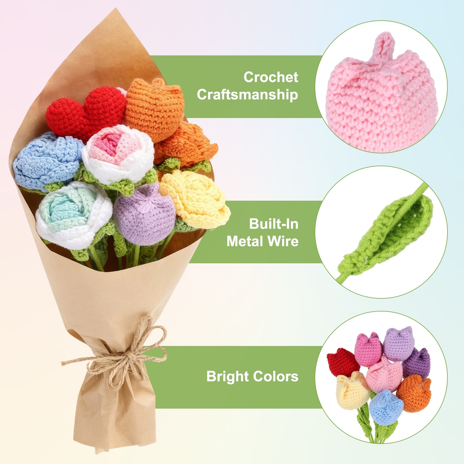 2Pcs Crochet Flower Tulip Handmade Knitted Bouquet Pink,