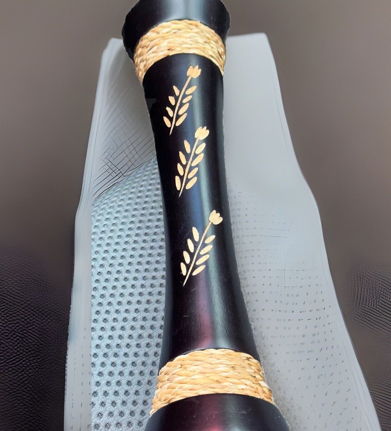Gorgeous Black Wooden Vase with Hand Etched Flowers & Rope 12” Unique Home Decor